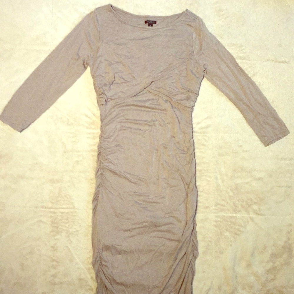Tan midi dress with ruching on sides